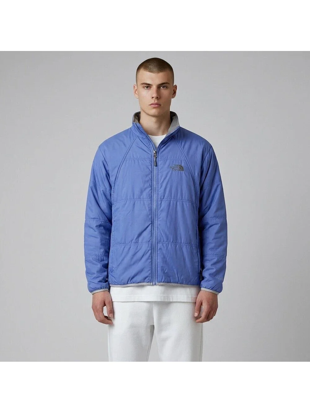 The North Face Quilted Jacket Men M Medium Blue Full Zip Long Sleeve Collared